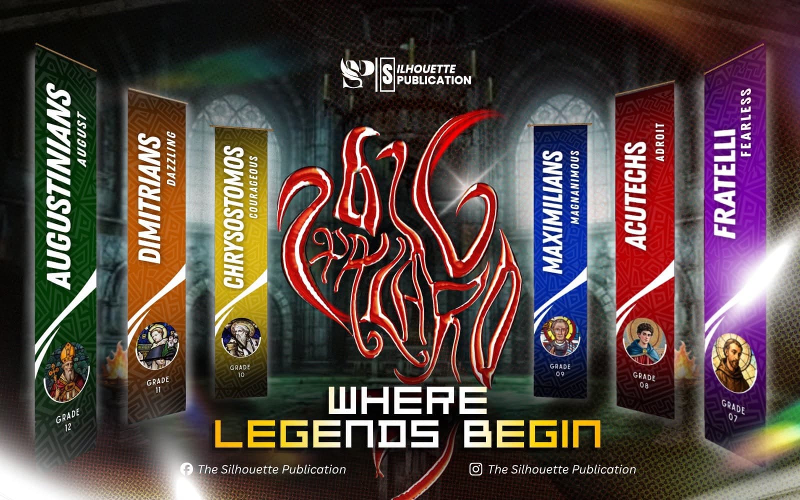 The Where Legends Begin graphic showing all six house banners side by side, each with a house name, adjective, saint portrait, and grade level